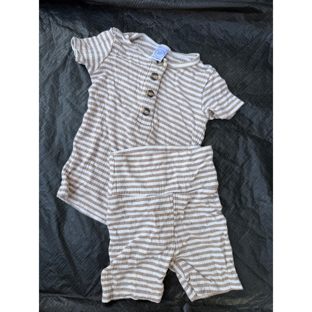 Lou Lou and Company Tan White Striped Ribbed Henley Top and Shorts Set 6-12M